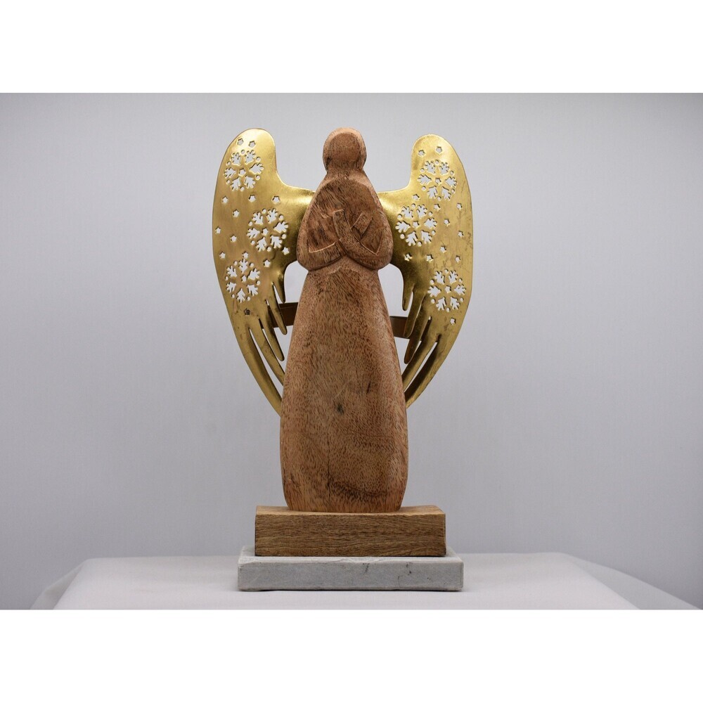 Tea Light Wooden Angel with Gold Metal Wings on Marble base